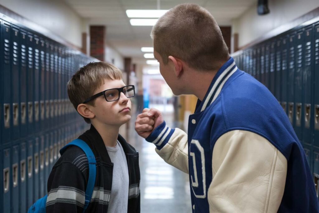 A photo of a nerdy kid with square glasses standing up to a school bully. Are INTJs Good At Physical Fights