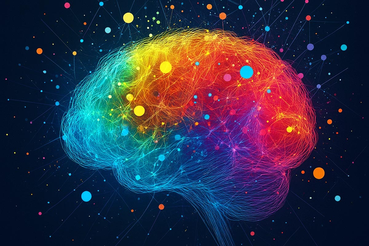 Abstract colorful brain made of glowing network lines and dots on a dark background, symbolizing cognition and personality psychology.